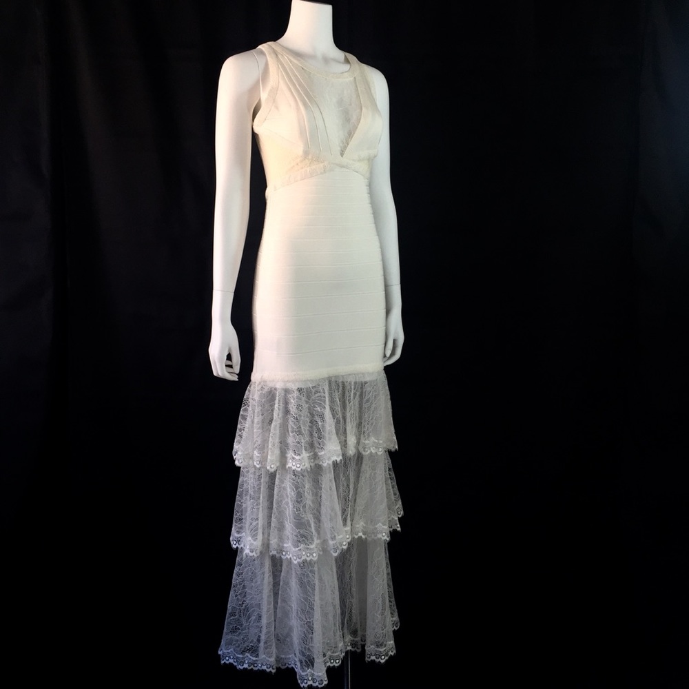 Herve Leger Tiered Lace Paneled Bandage Gown